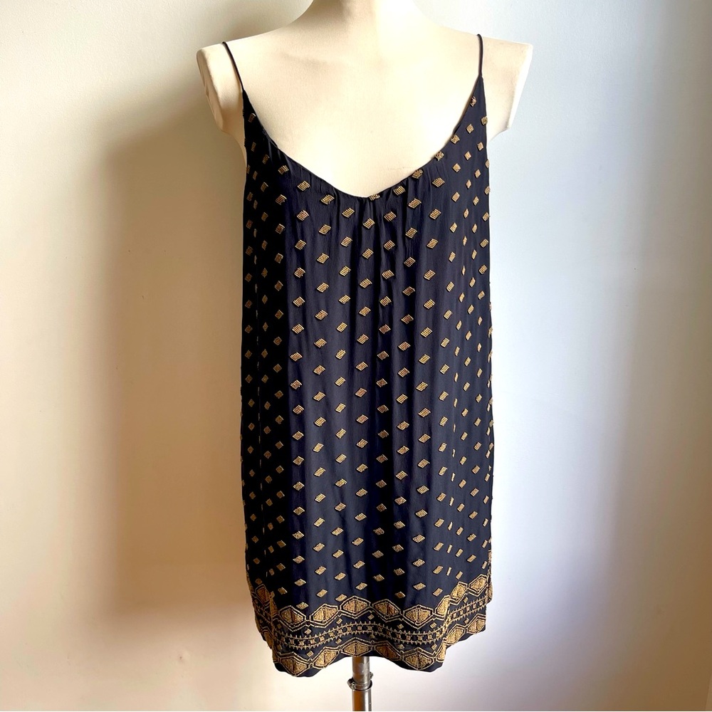Tangerine NYC Black Silk Slip Dress Geometric Gold Beading Lined Size Small